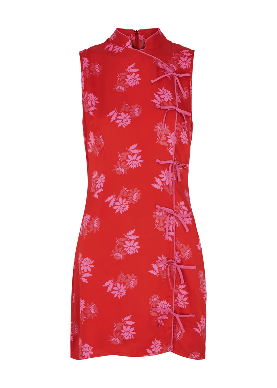 Kitri Aubrey Floral-jacquard Satin Mini Dress In Red