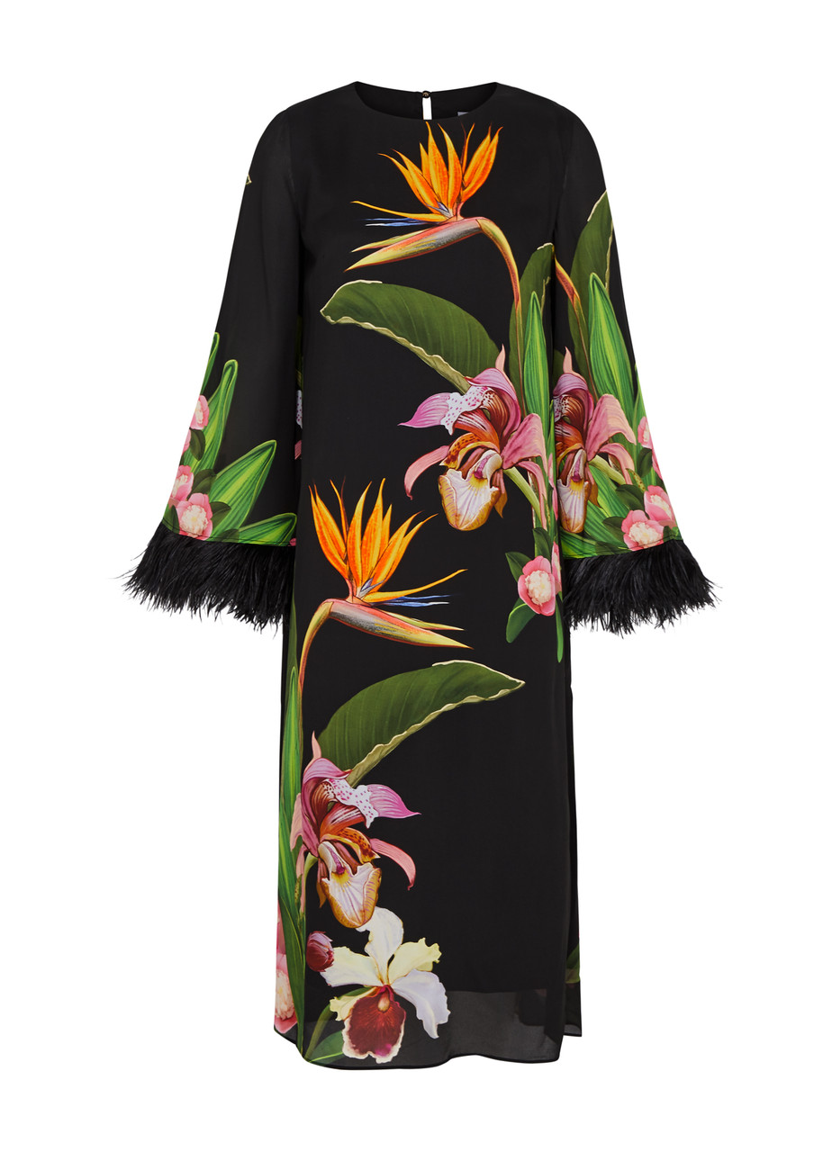 Borgo De Nor Seraphina Printed Feather-trimmed Midi Dress In Black