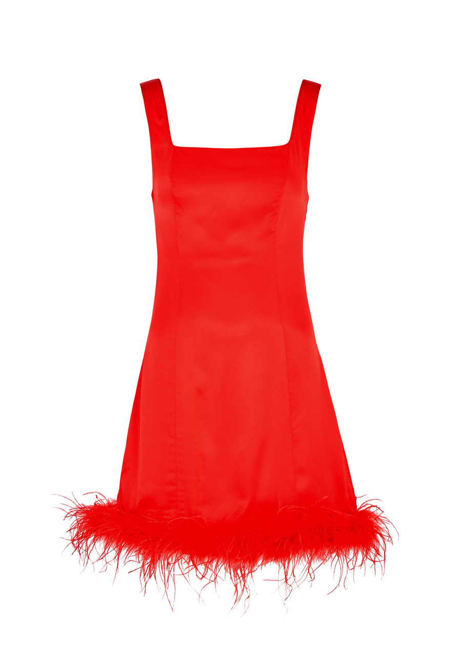 Kitri Edina Feather-trimmed Satin Mini Dress In Red