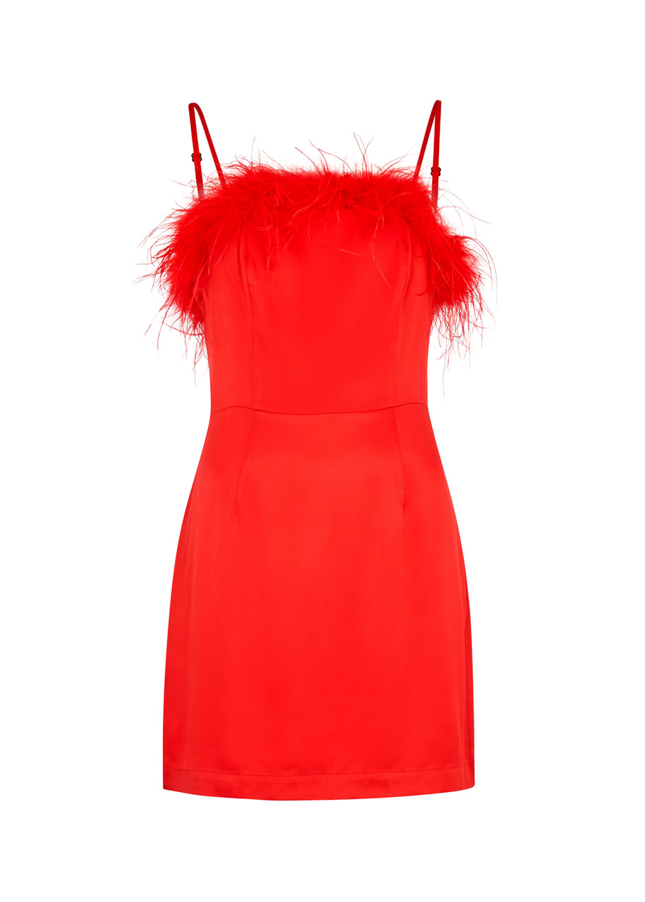 Kitri Nola Feather-trimmed Satin Mini Dress In Red