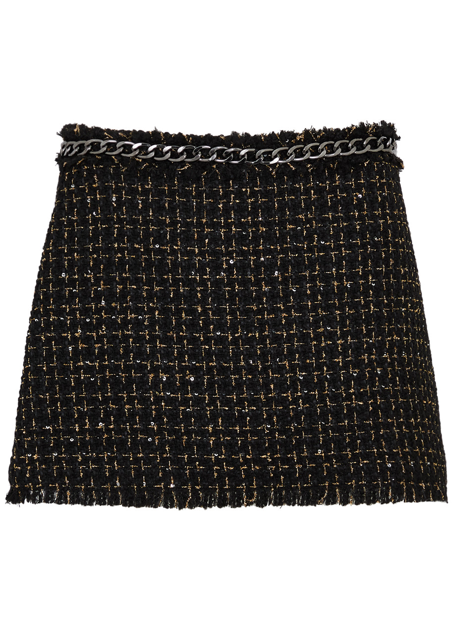 Shop Alice And Olivia Alice + Olivia Olivia Chain-embellished Tweed Mini Skirt In Black