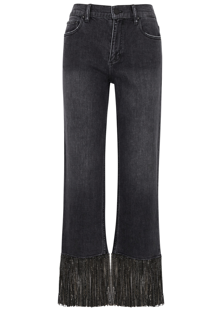 Alice And Olivia Amazing Fringed Straight-leg Jeans In Grey