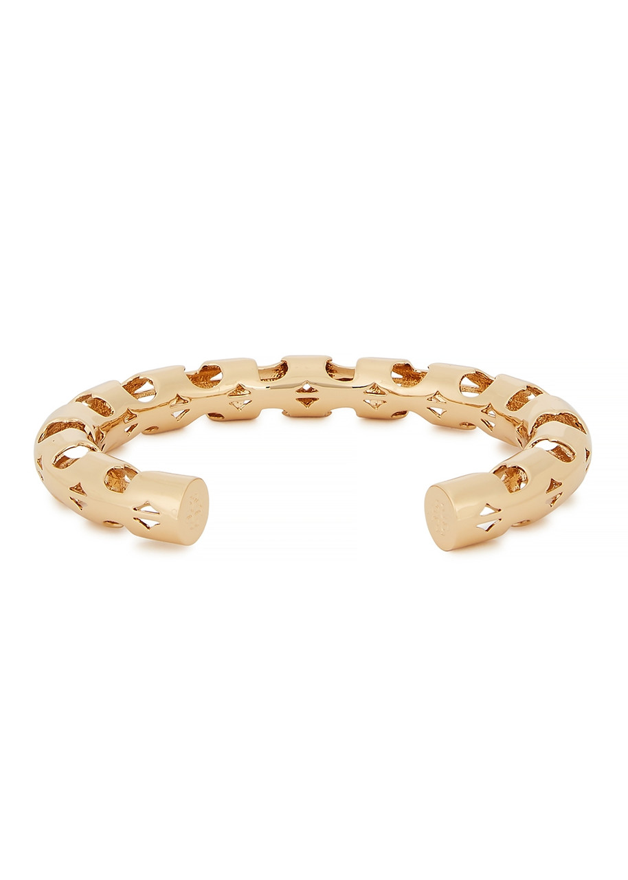Tory Burch Serif-t Fretwork 18kt Gold-plated Cuff Bracelet In Gold