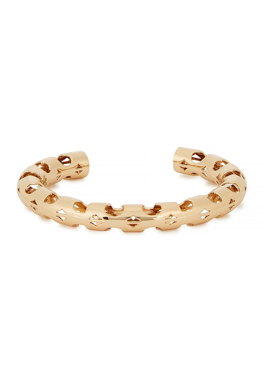 Tory Burch Serif-t Fretwork 18kt Gold-plated Cuff Bracelet In Gold
