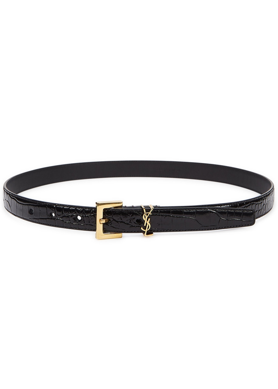 Saint Laurent Logo Crocodile-effect Leather Belt - Black