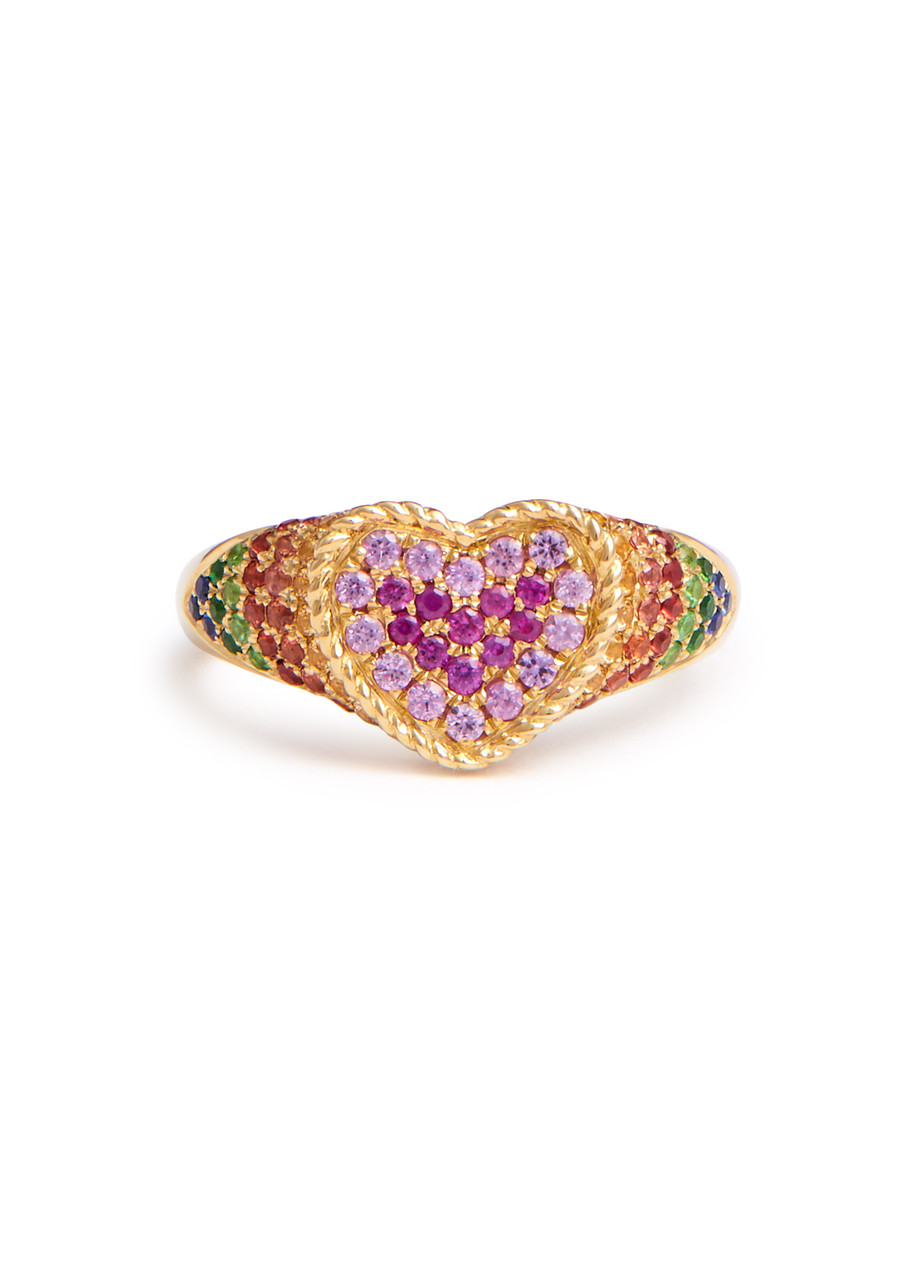 Yvonne Léon Baby Chevaliere Coeur 9kt Gold Pinky Ring In Multicoloured