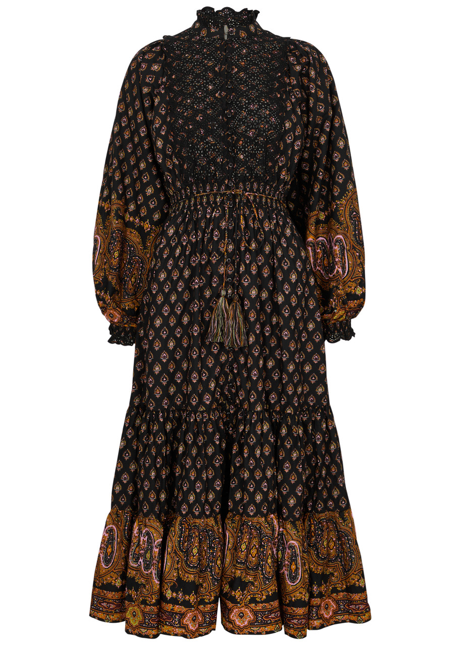 Shop Bytimo Printed Cotton Midi Dress In Black And Caramel