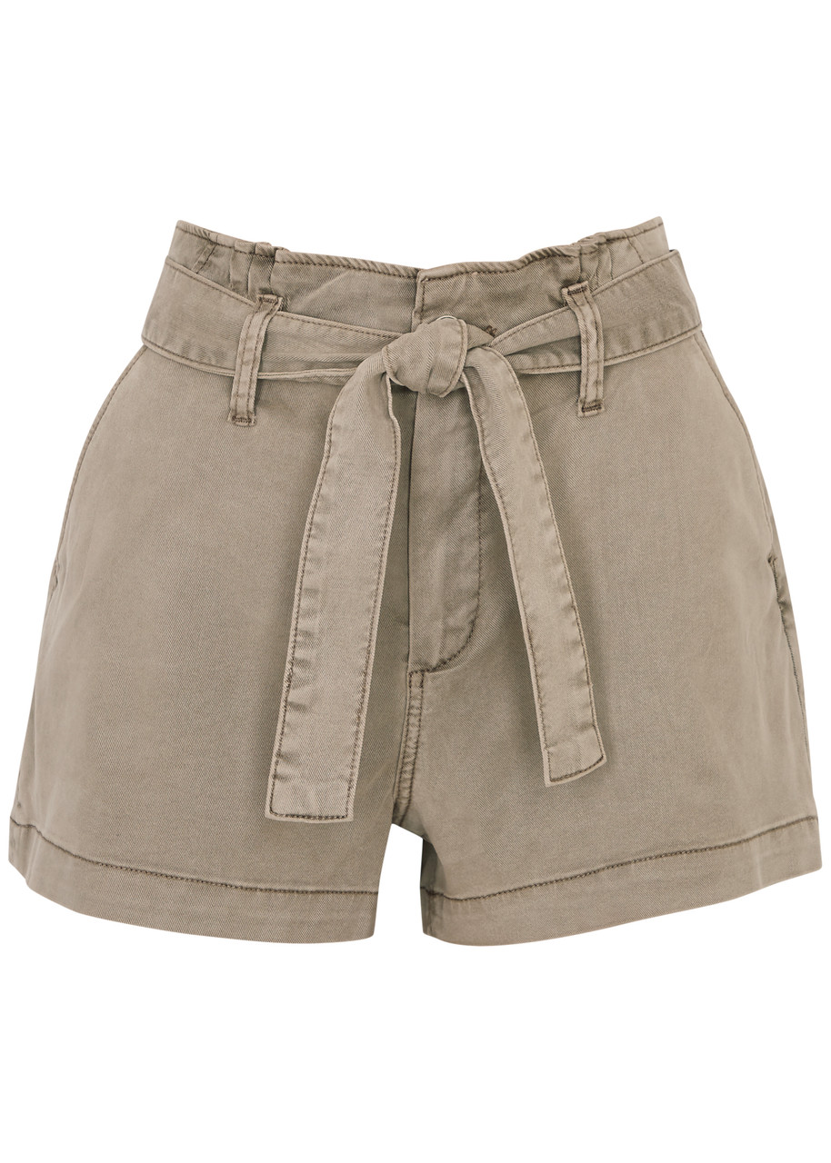 Paige Anessa Belted Stretch-denim Shorts In Taupe