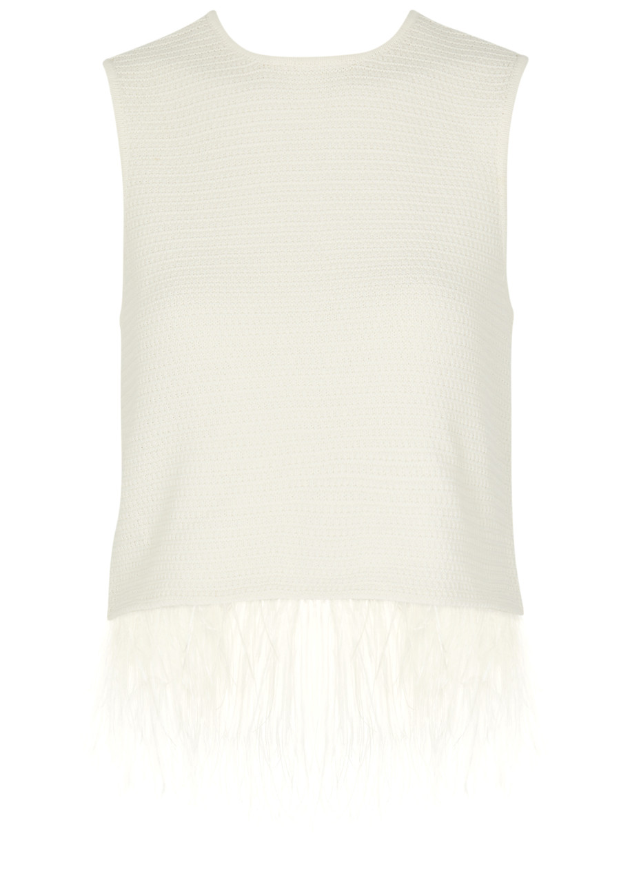 Frame Feather-trimmed Textured-knit Top In Off White