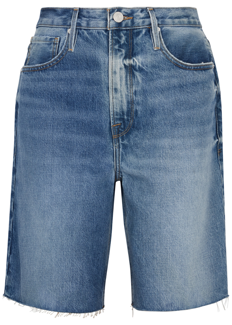 Frame Distressed Denim Bermuda Shorts In Dark Blue