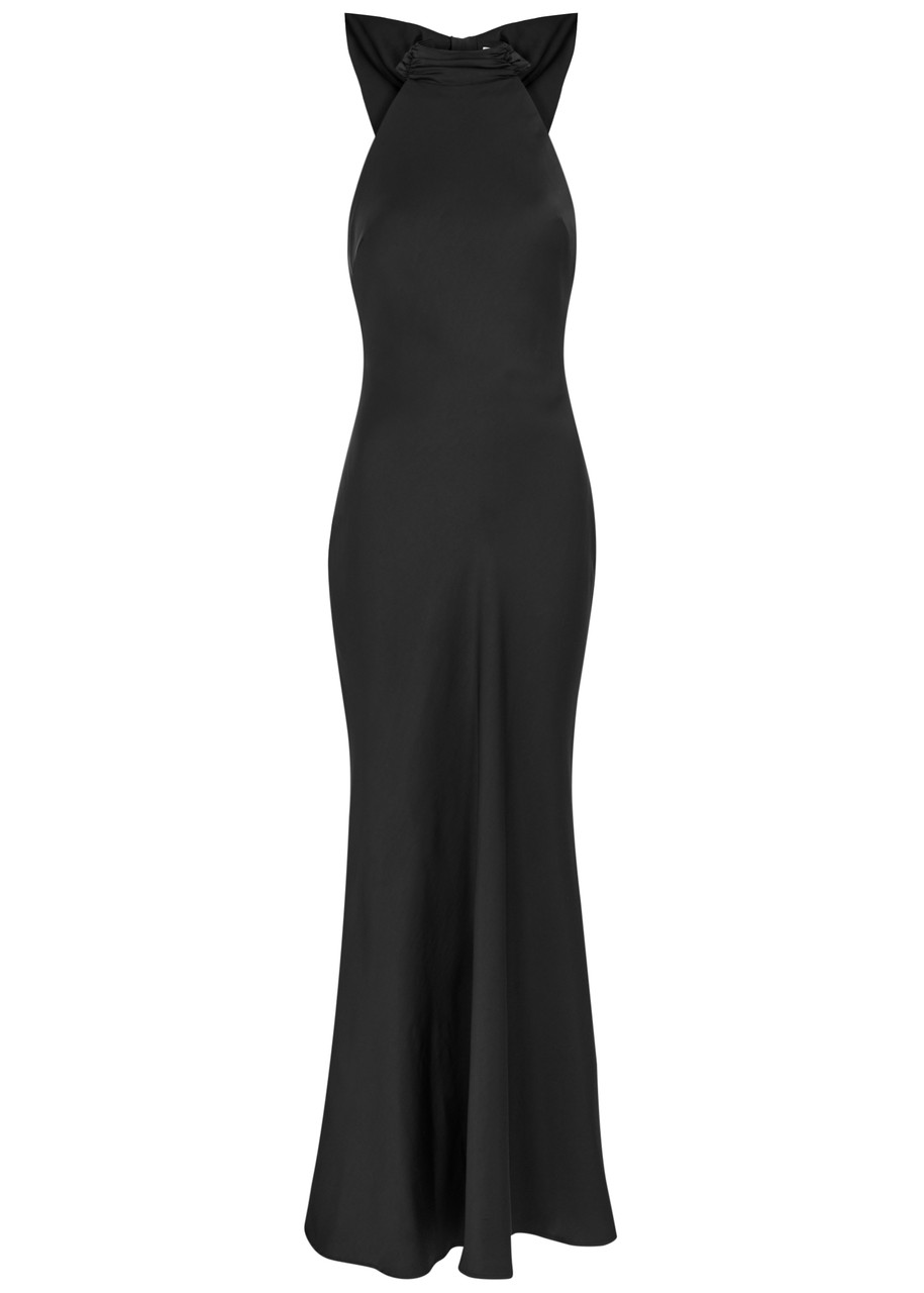 Misha Evianna Bow-embellished Satin Maxi Dress In Black