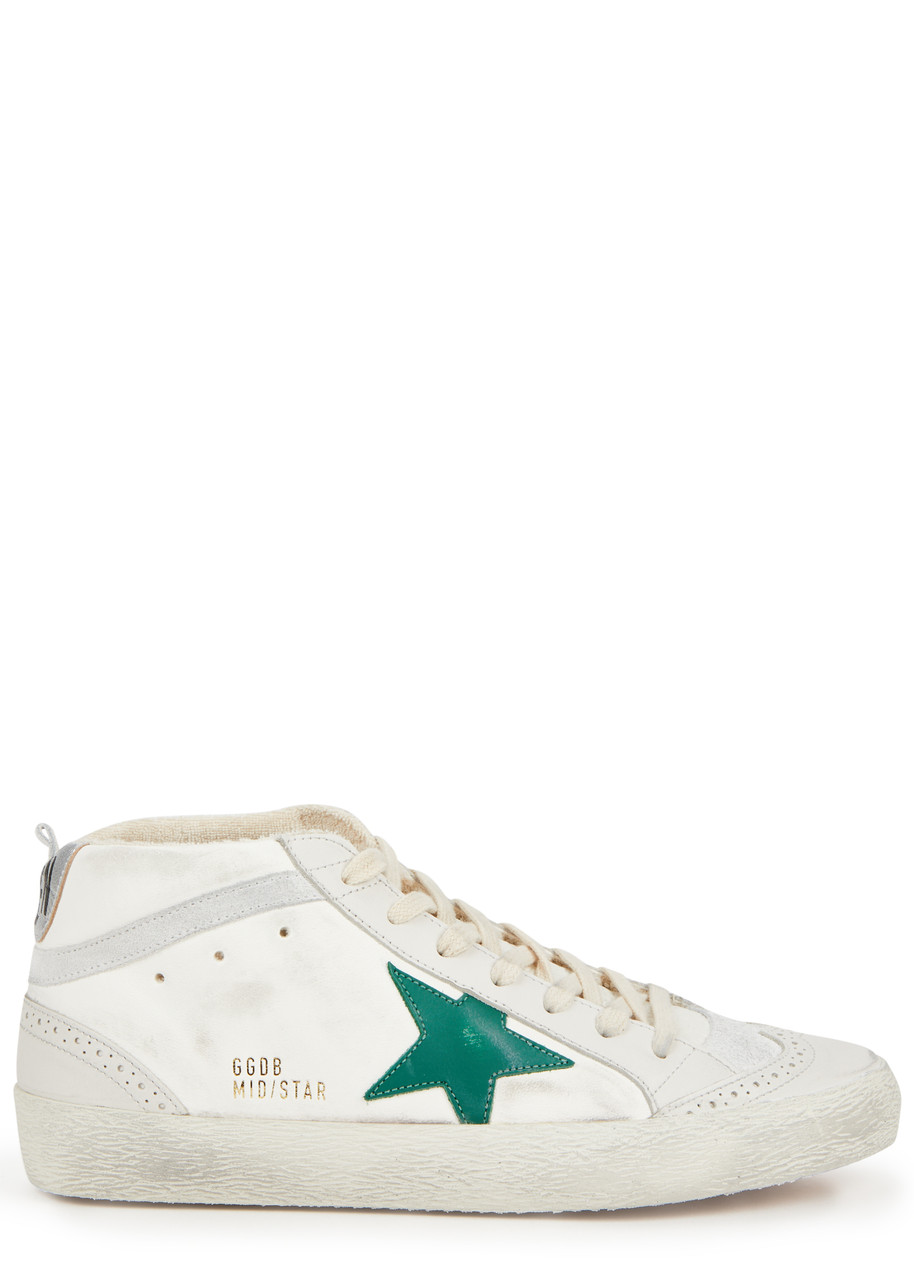 Golden Goose Mid Star Distressed Leather Sneakers In White And Green