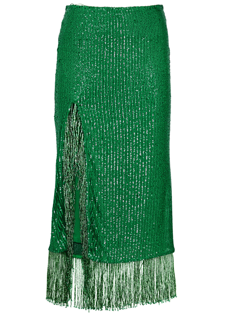 In The Mood For Love Starry Fringe-trimmed Sequin Midi Skirt In Green
