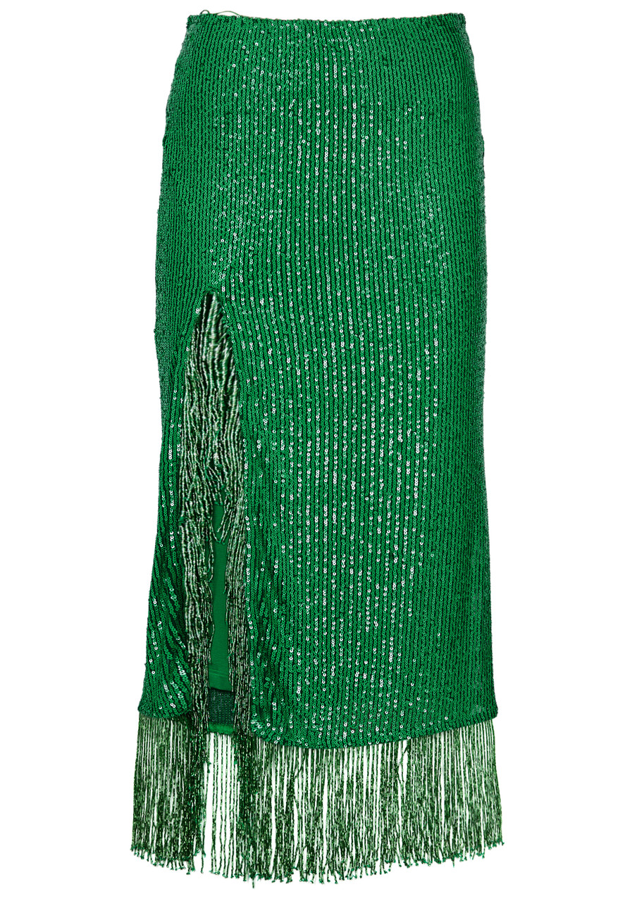 IN The Mood For Love Starry Fringe-trimmed Sequin Midi Skirt - Green - XS