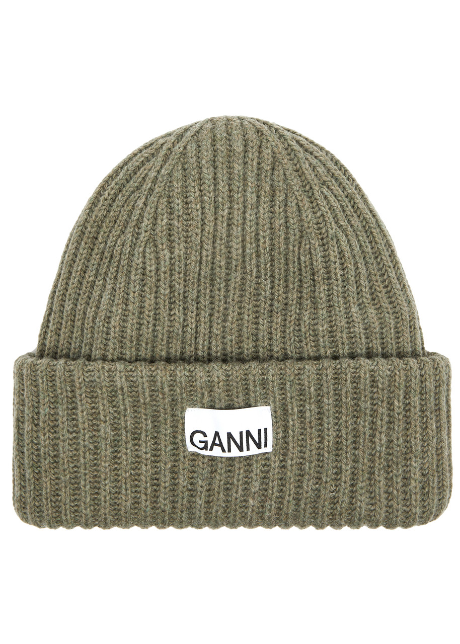 Ganni Ribbed Wool-blend Beanie – Olive