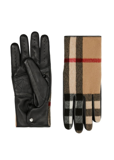 BURBERRY Exaggerated check wool and leather gloves | Harvey