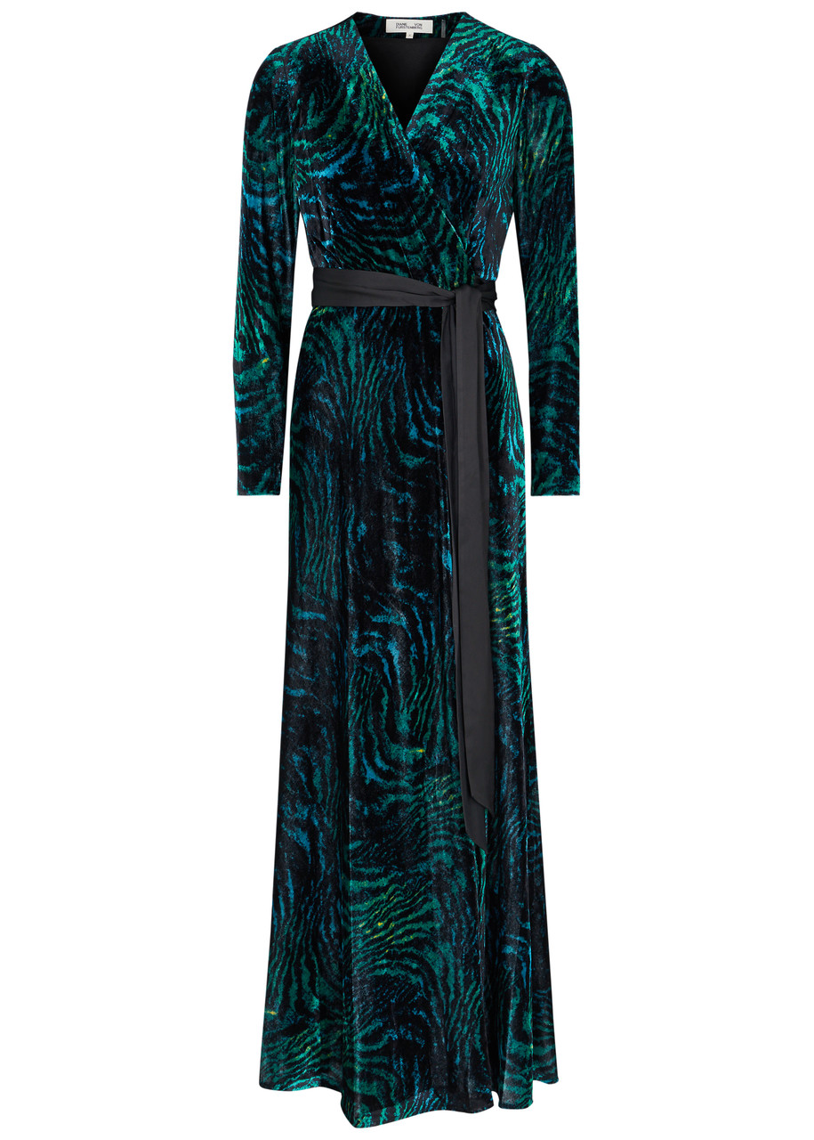 DIANE VON FURSTENBERG DIANE VON FURSTENBERG JARETH PRINTED VELVET MAXI WRAP DRESS