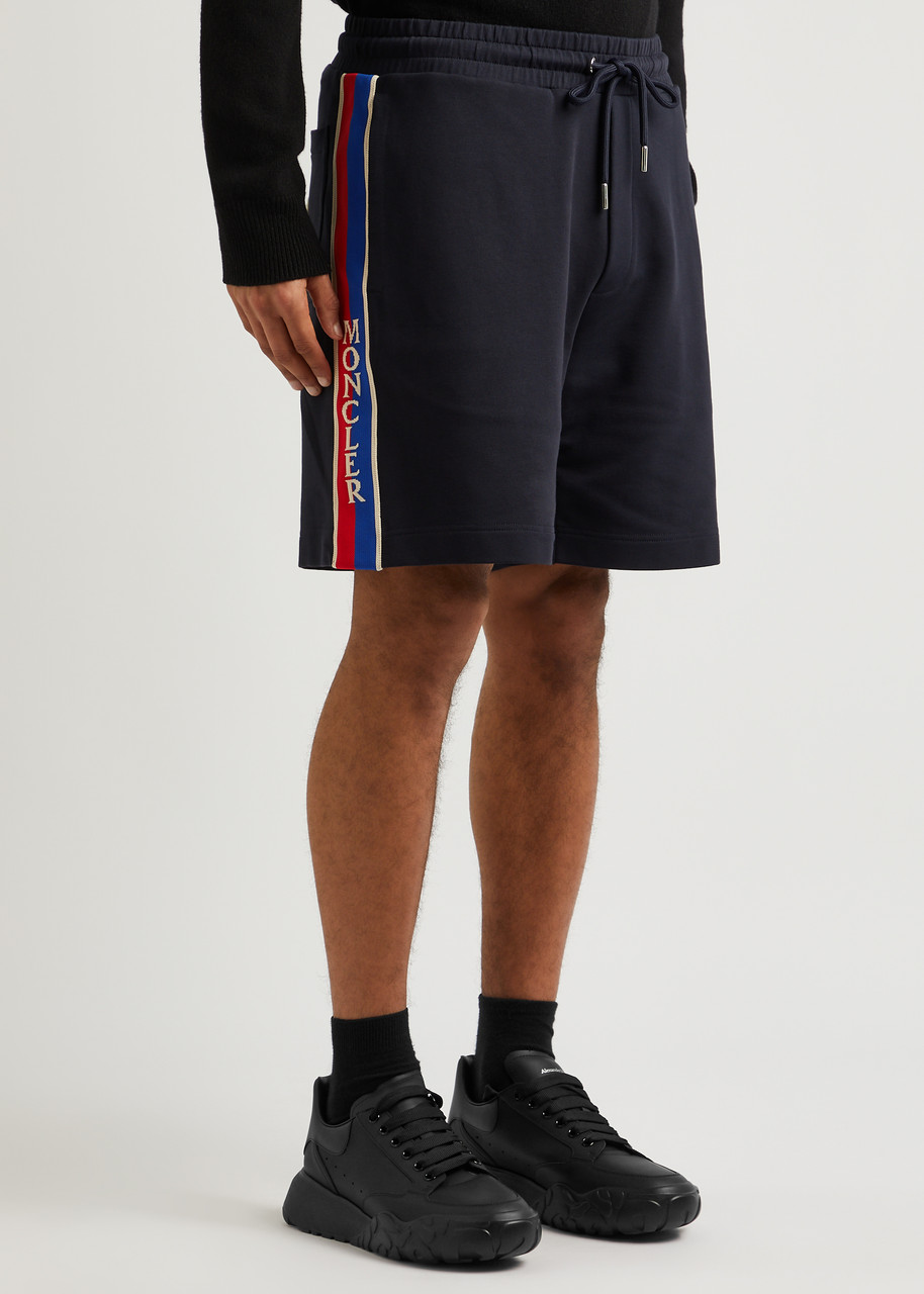 Moncler Stripe-trimmed Stretch-cotton Shorts In Navy