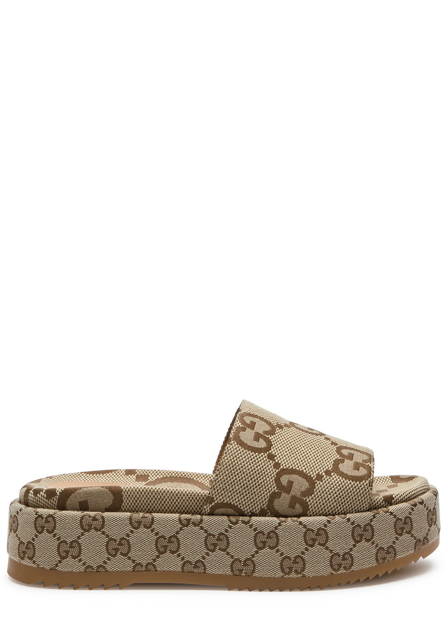 Gucci Angelina Gg-monogram Canvas Flatform Sliders - Beige - 40 (IT40 / UK7)