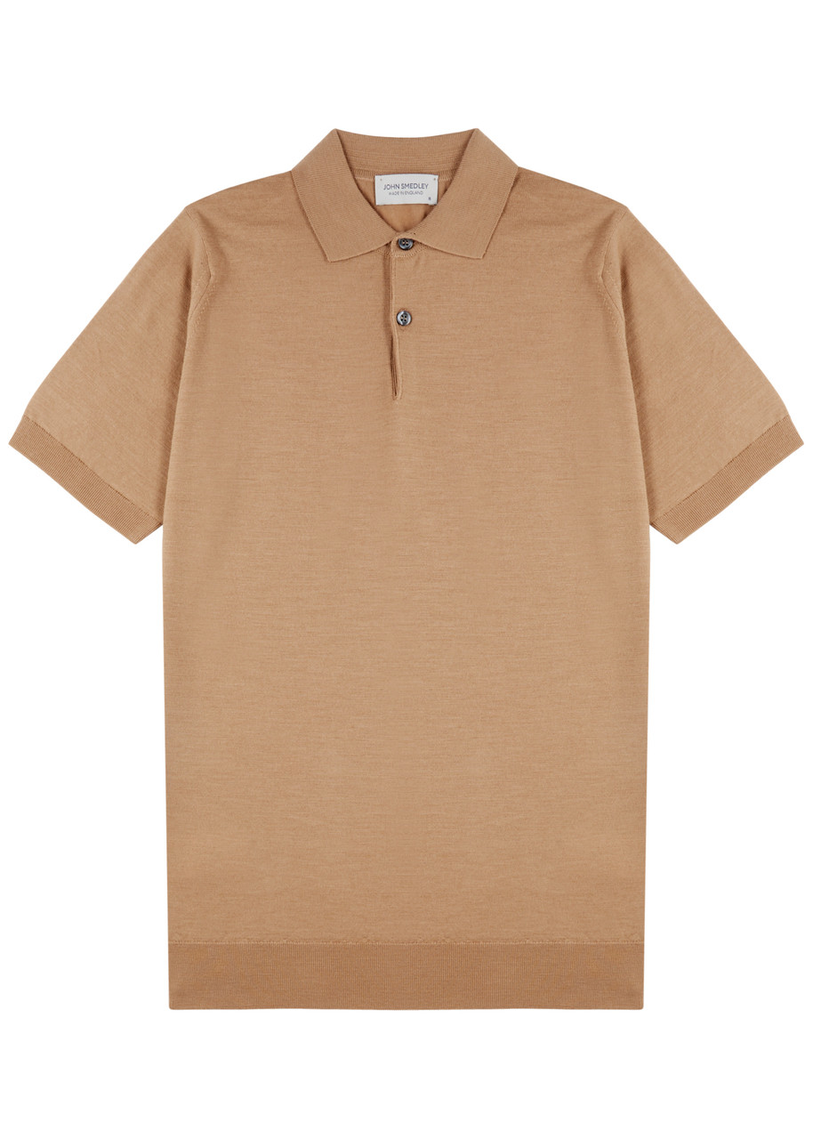 John Smedley Hoffman Cable-Knit Wool Polo Shirt, Tan, Slips On