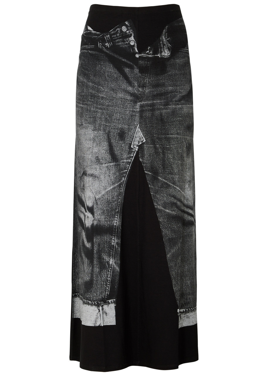 Jean Paul Gaultier Denim Trompe L'oeil Stretch-jersey Maxi Skirt In Black Grey