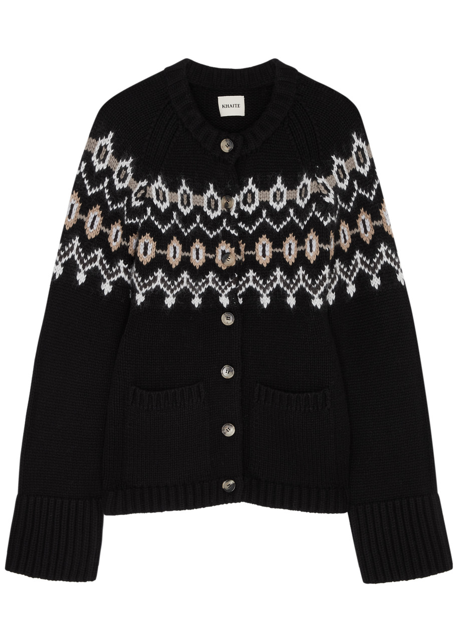 Shop Khaite Suzette Fair-isle Cashmere-blend Cardigan In Black