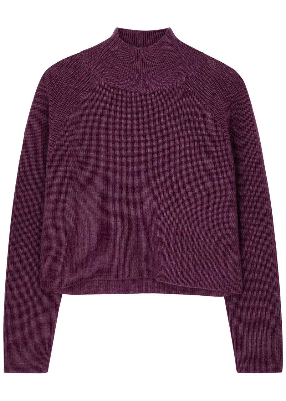 Eileen Fisher Cropped Ribbed Wool Jumper In Purple