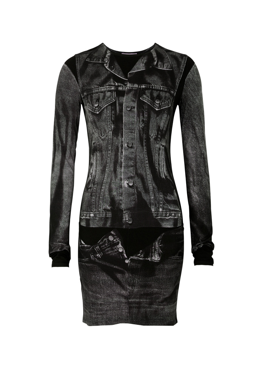 Shop Jean Paul Gaultier Denim Trompe L'oeil Printed Stretch-jersey Mini Dress In Black Grey