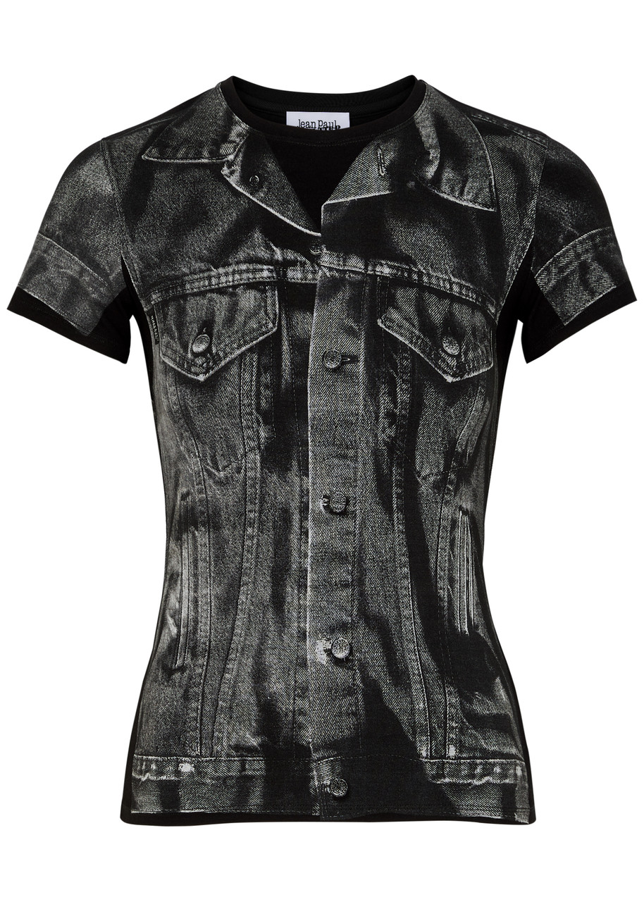 Shop Jean Paul Gaultier Denim Trompe L'oeil Printed Stretch-jersey T-shirt In Black Grey