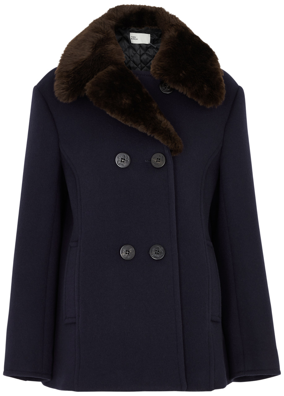 Shop Tory Burch Shearling-trimmed Wool Peacoat In Navy