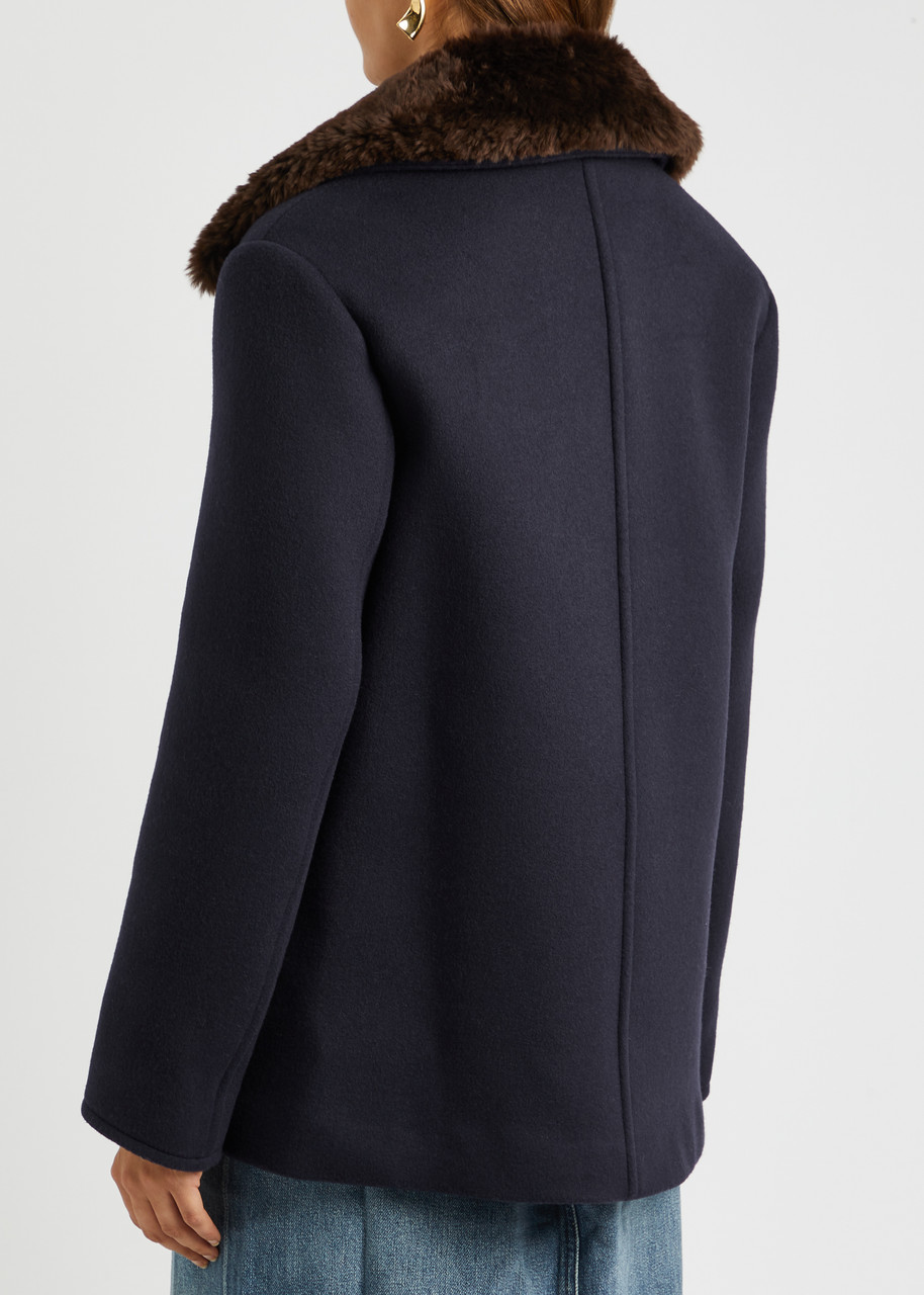  Tory Burch Shearling-trimmed Wool Peacoat - Navy - 10 (uk14 / L) 