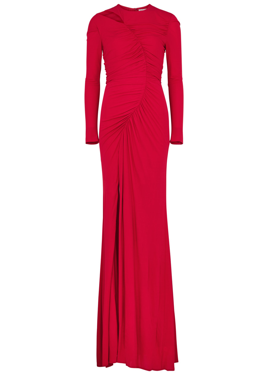 Alexander Mcqueen Ruched Cut-out Jersey Gown In Red
