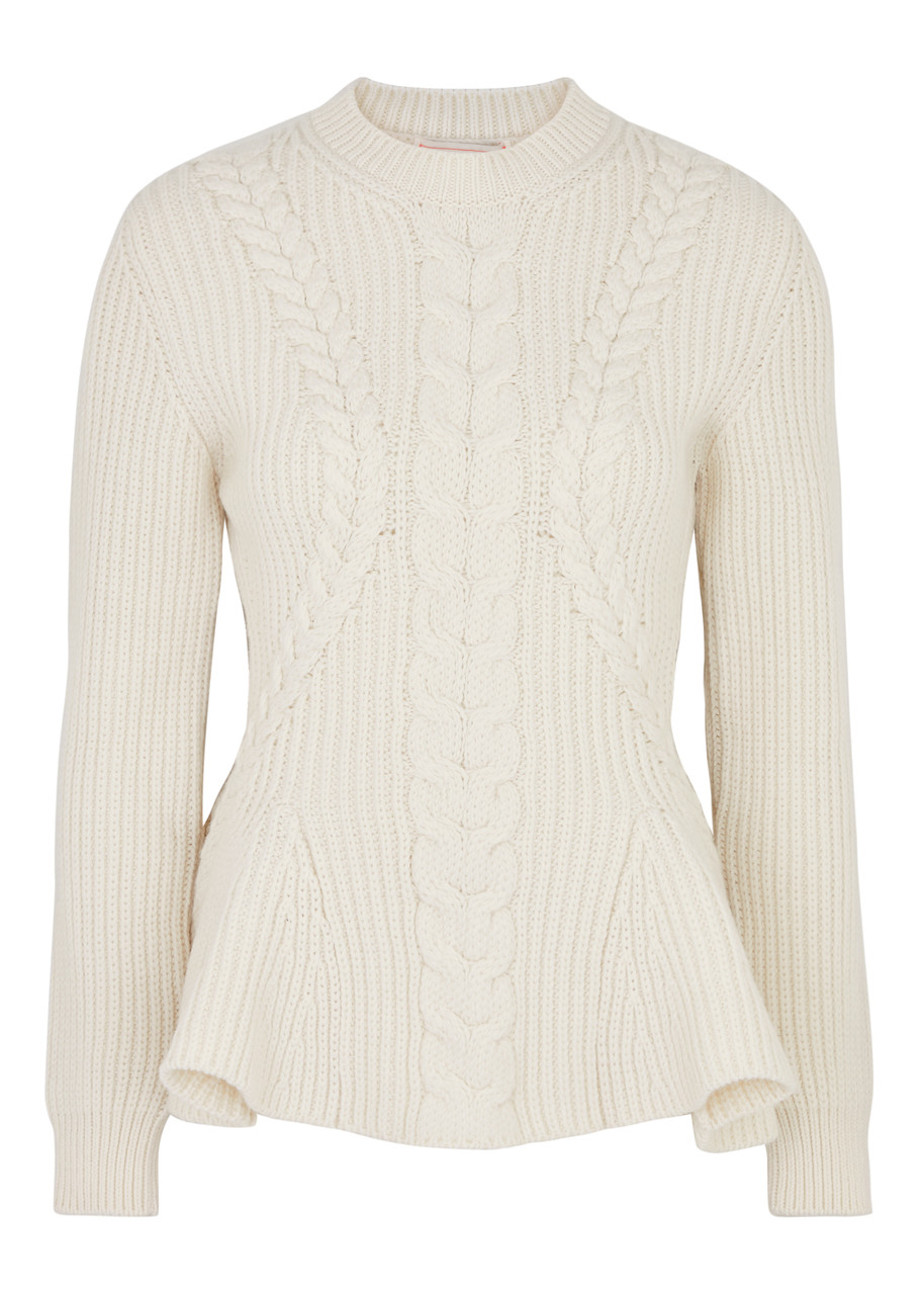 Alexander Mcqueen Cable-knit Peplum Wool-blend Jumper In White