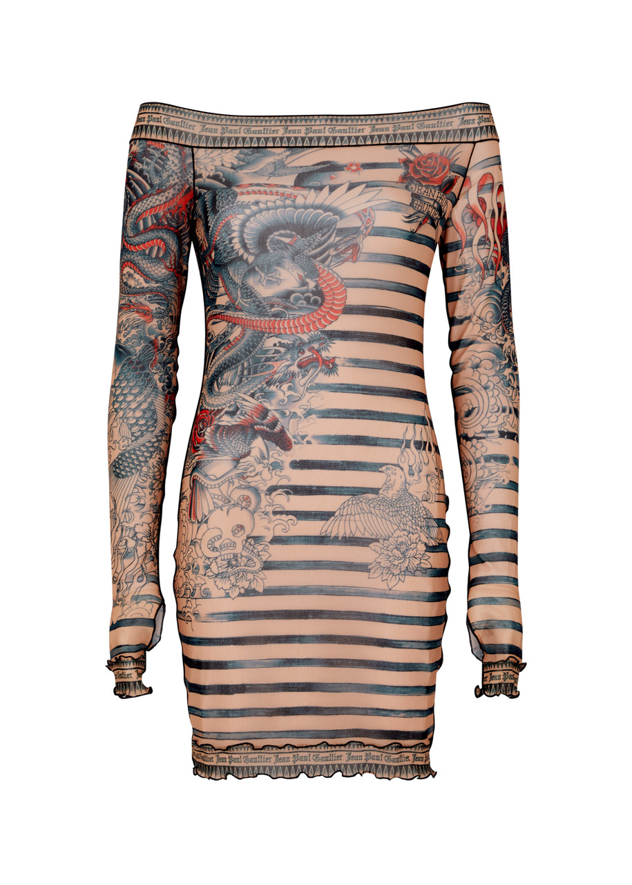 jean paul gaultier tattoo mini dress Jean Paul Gaultier Sailor Tattoo Printed Tulle Mini Dress in Natural