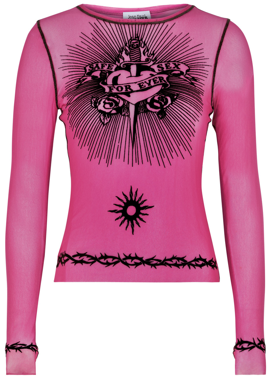 Shop Jean Paul Gaultier Safe Sex Tattoo Flocked Tulle Top In Bright Pink