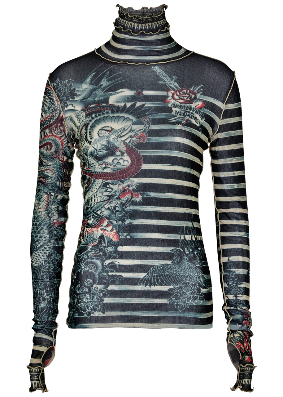 Jean Paul Gaultier Sailor Tattoo Printed Tulle Top In Multicoloured