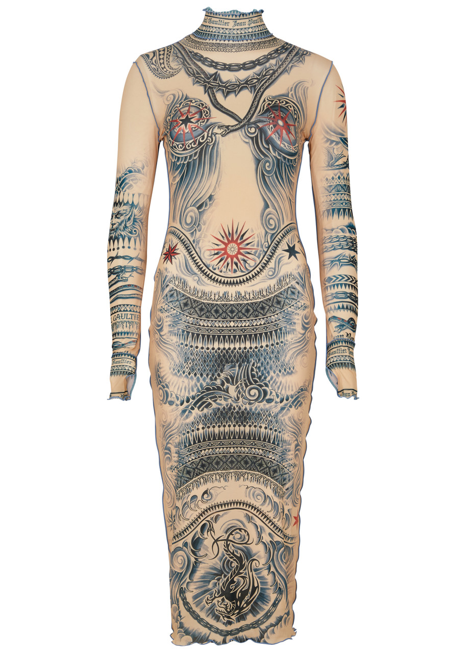 JEAN PAUL GAULTIER JEAN PAUL GAULTIER SUN TATTOO PRINTED STRETCH-JERSEY MIDI DRESS