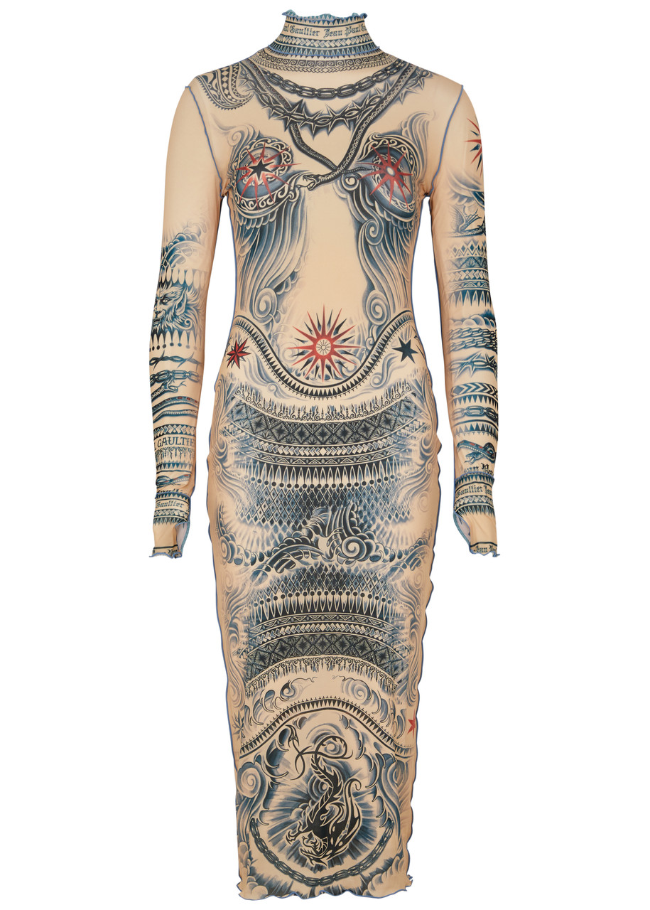 Shop Jean Paul Gaultier Sun Tattoo Printed Stretch-jersey Midi Dress In Beige