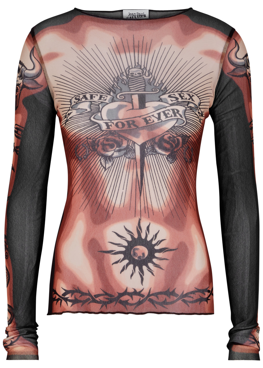 Jean Paul Gaultier Safe Sex Tattoo Printed Tulle top | Smart Closet