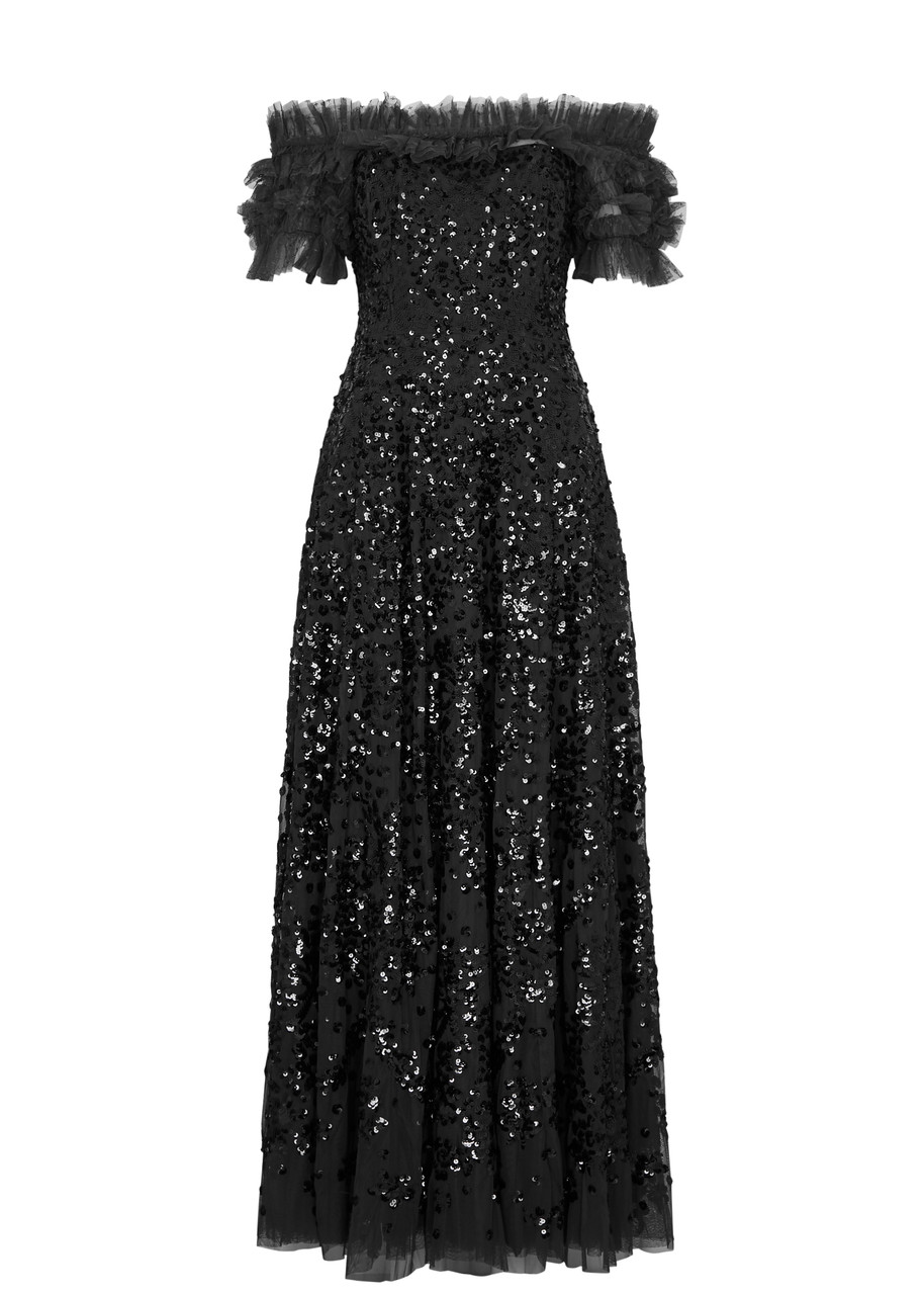 Needle & Thread Sequin Wreath Off-the-shoulder Tulle Gown In Black