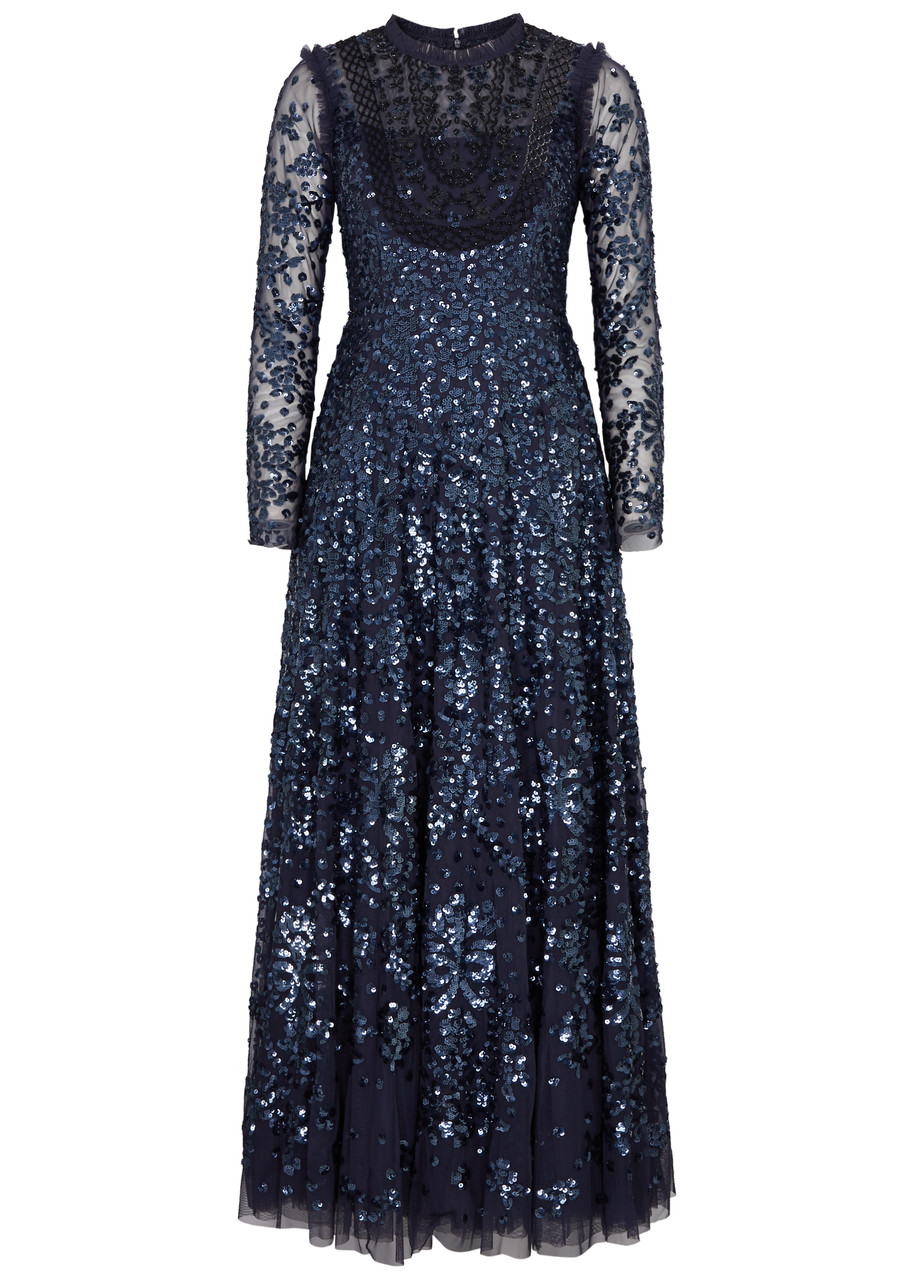 Needle & Thread Victorian Wreath Sequin-embellished Tulle Gown In Navy