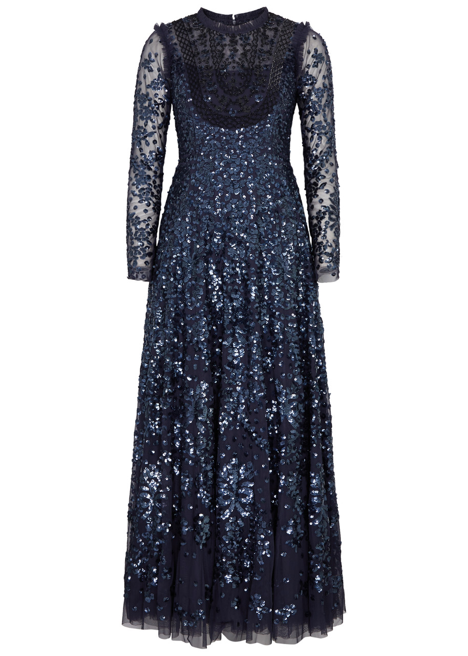 Shop Needle & Thread Victorian Wreath Sequin-embellished Tulle Gown In Navy