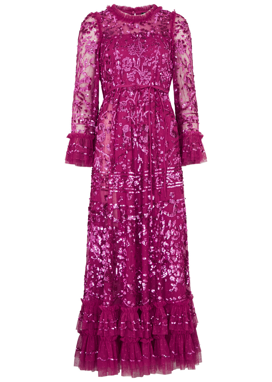 Shop Needle & Thread Celia Sequin-embellished Tulle Gown In Dark Pink