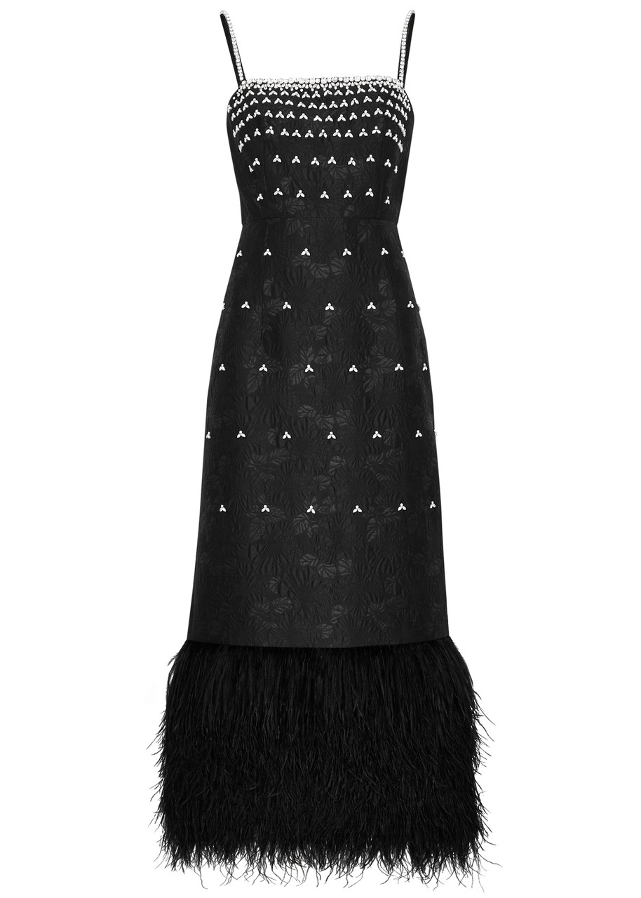 Huishan Zhang Astra Feather-trimmed Embellished Cloqué Maxi Dress - Black - 12 (UK12 / M)