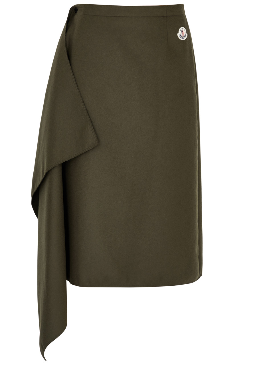 Moncler Cashmere-blend Midi Skirt With Ruffle Detail In Dark Green