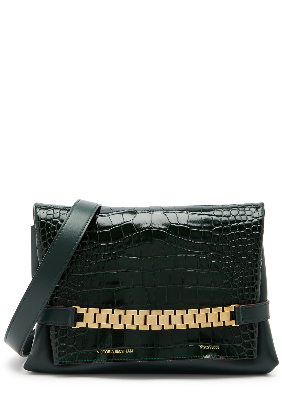 Victoria Beckham Panelled Chain Leather Clutch In Dark Green