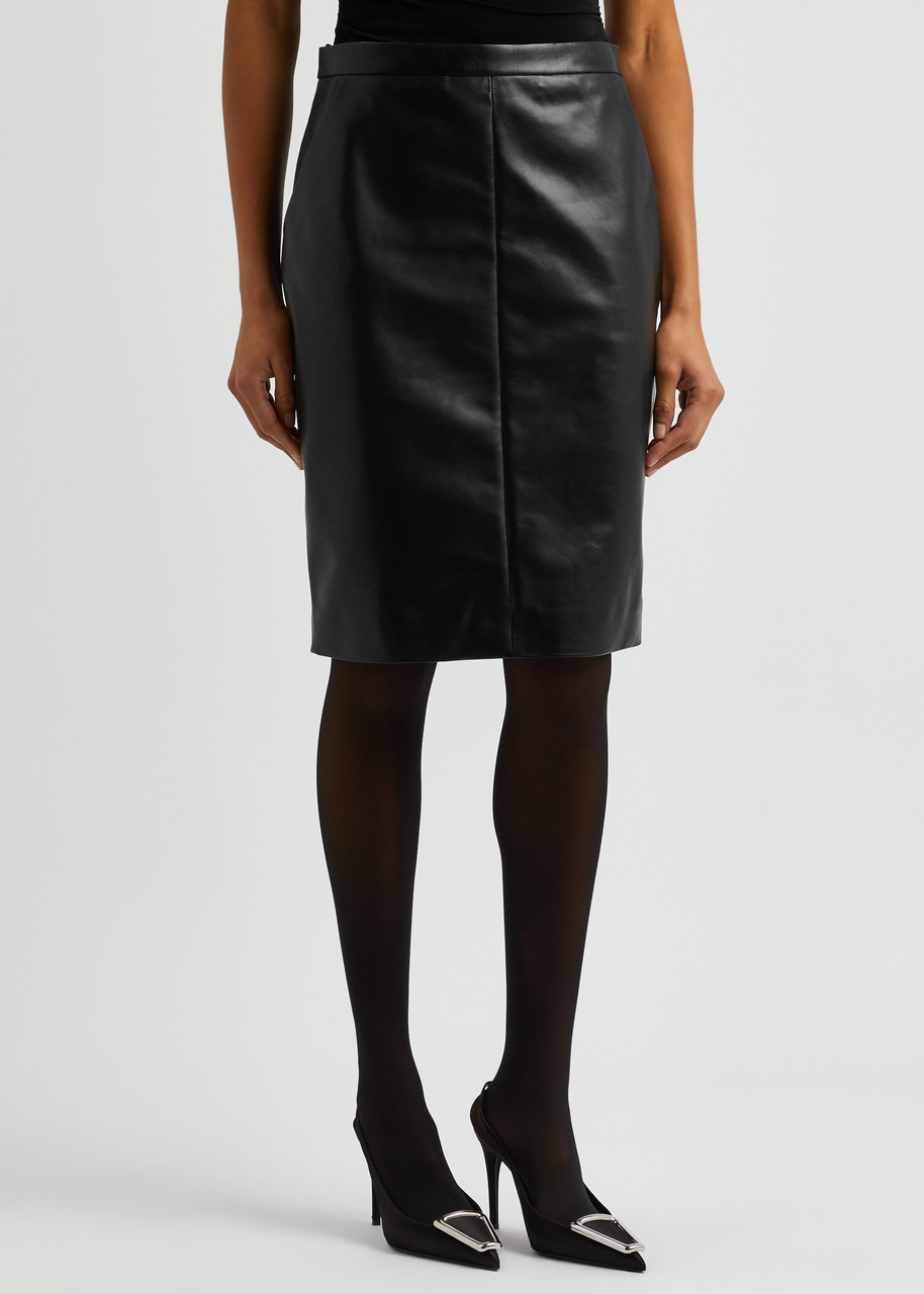  Saint Laurent - Women's Black Leather Midi Skirt - Size 40 (uk12 / M), Classic Pencil Silhouette & Slim Fit - 40 (uk12 / M) 