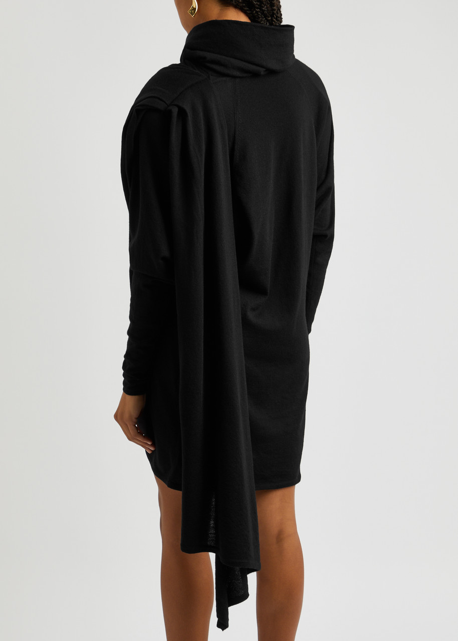  Saint Laurent - Women's Black Draped Hooded Wool Mini Dress - Size (uk8-10/s), Cape-effect & High-neck - S (uk8-10 / S) 