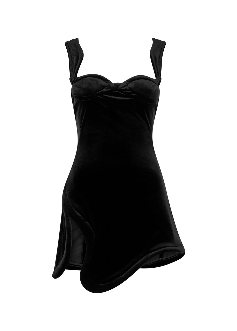 Mugler Asymmetric Velvet Mini Dress In Black