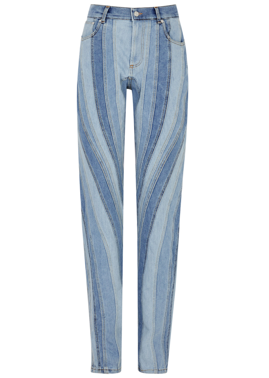 Mugler Spiral Panelled Tapered-leg Jeans In Blue